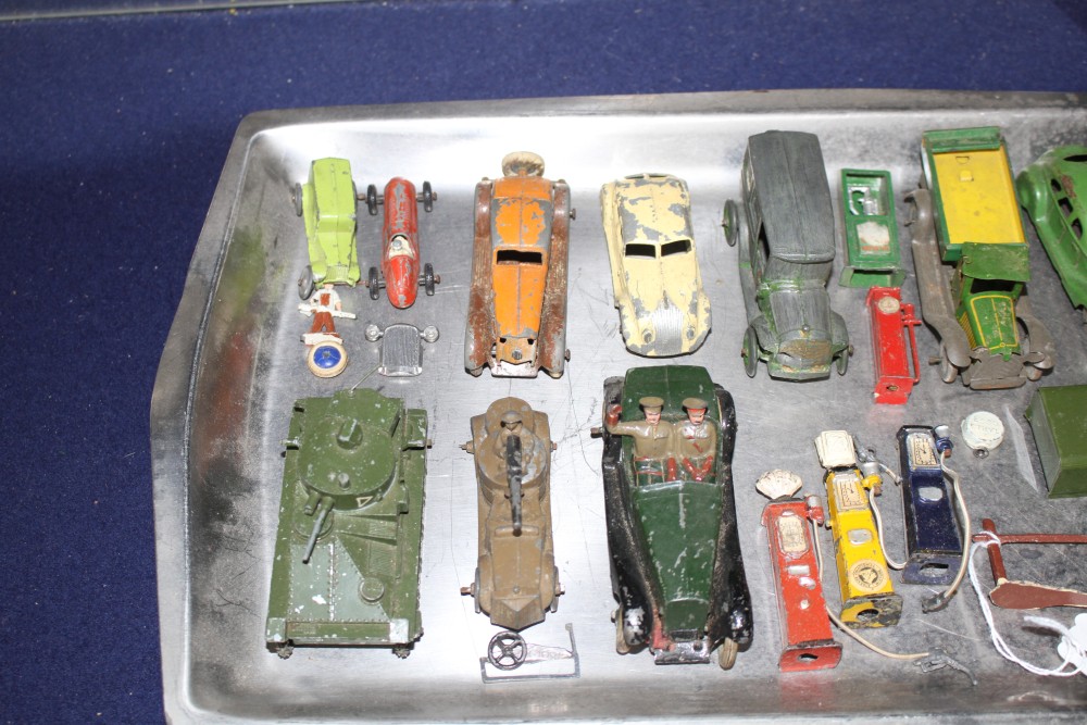 A group of assorted tinplate and diecast cars including Britains, Dinky and Tootsie